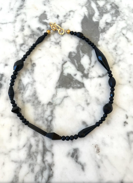18" Vintage Jet Black Glass Beaded Necklace - Designed by Matthew Izzo