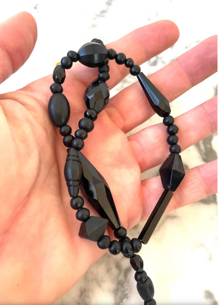 18" Vintage Jet Black Glass Beaded Necklace - Designed by Matthew Izzo