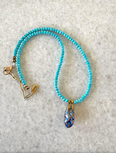 18" Turquoise Beaded Necklace with Vintage Hand Made Glass Chinese Pendant - Designed by Matthew Izzo