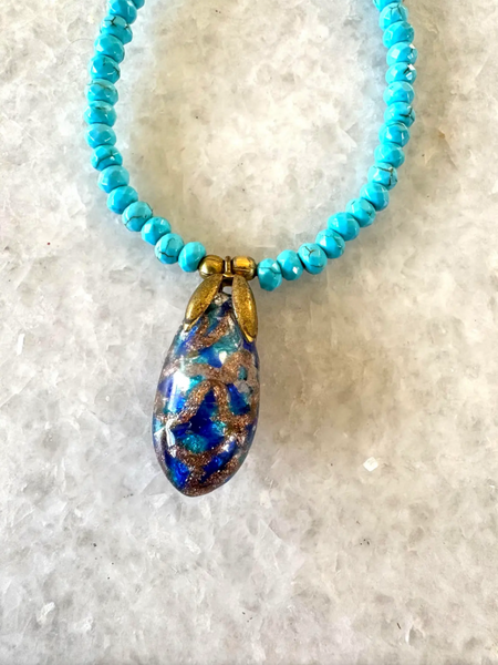 18" Turquoise Beaded Necklace with Vintage Hand Made Glass Chinese Pendant - Designed by Matthew Izzo