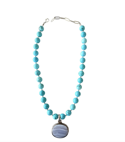 Turquoise Beaded Necklace with Sterline Silver and Blue Lace Agate Vintage Pendant - Designed by Matthew Izzo