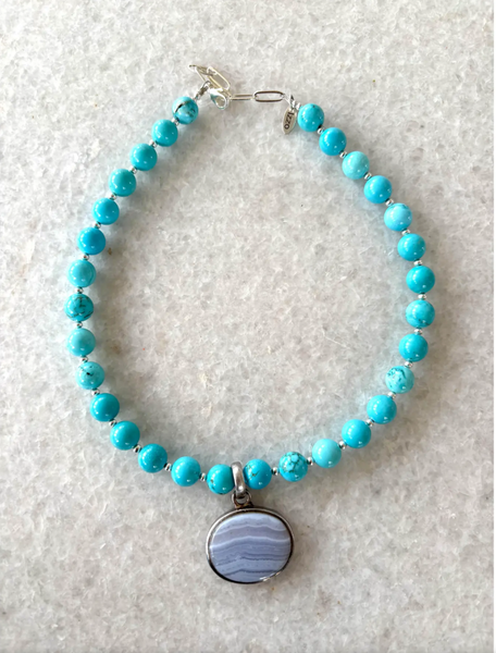 Turquoise Beaded Necklace with Sterline Silver and Blue Lace Agate Vintage Pendant - Designed by Matthew Izzo
