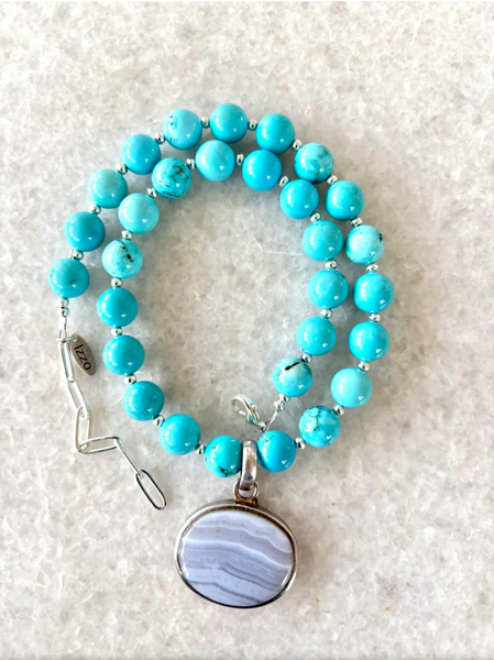 Turquoise Beaded Necklace with Sterline Silver and Blue Lace Agate Vintage Pendant - Designed by Matthew Izzo