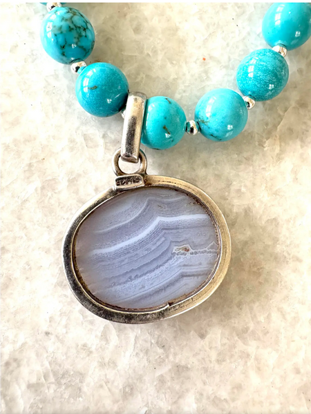 Turquoise Beaded Necklace with Sterline Silver and Blue Lace Agate Vintage Pendant - Designed by Matthew Izzo