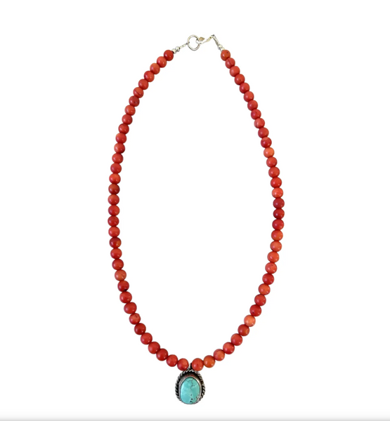 18" Coral Beaded Necklace with Sterling Silver and Turquoise Pendant - Designed by Matthew Izzo