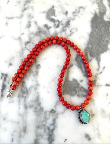18" Coral Beaded Necklace with Sterling Silver and Turquoise Pendant - Designed by Matthew Izzo