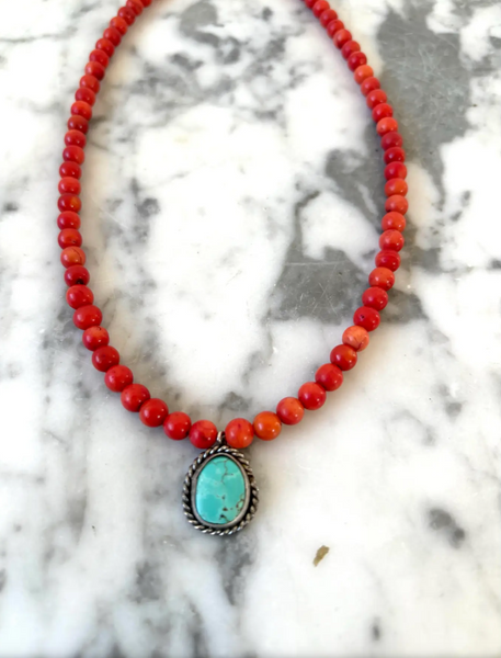 18" Coral Beaded Necklace with Sterling Silver and Turquoise Pendant - Designed by Matthew Izzo