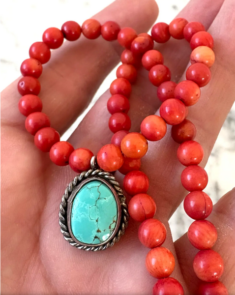 18" Coral Beaded Necklace with Sterling Silver and Turquoise Pendant - Designed by Matthew Izzo