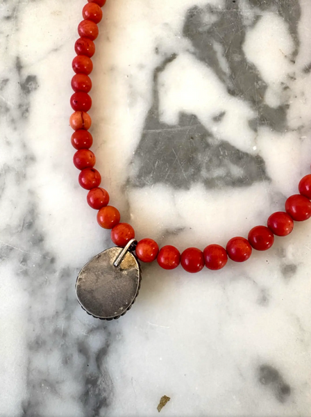18" Coral Beaded Necklace with Sterling Silver and Turquoise Pendant - Designed by Matthew Izzo