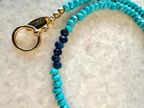 18" Fine Faceted Turquoise Necklace with Sapphire Blue Quartz Detail and Gold Tone Clasp - Designed by Matthew Izzo