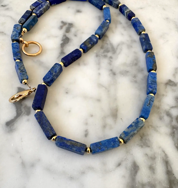 20" Blue Lapis Beaded Necklace with Gold Tone Spacers - Designed by Matthew Izzo