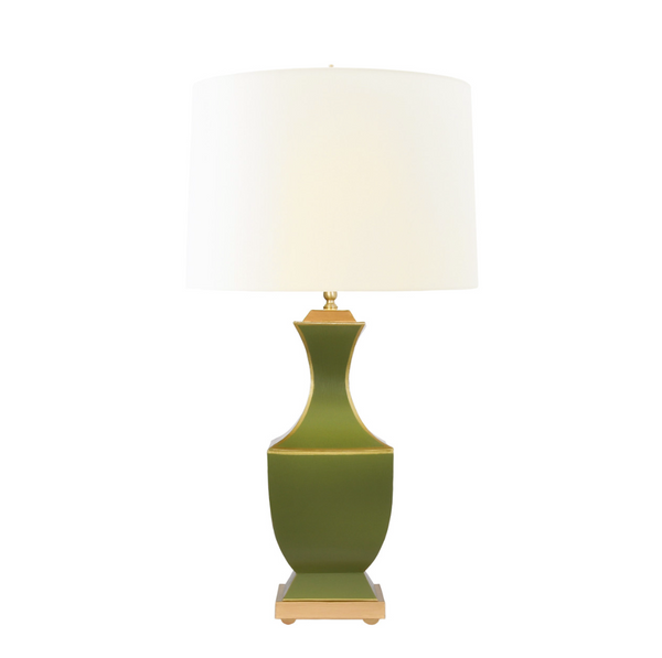 Gina Hand Painted Olive Tole Table Lamp with Gold Detail and Cream Silk Shade