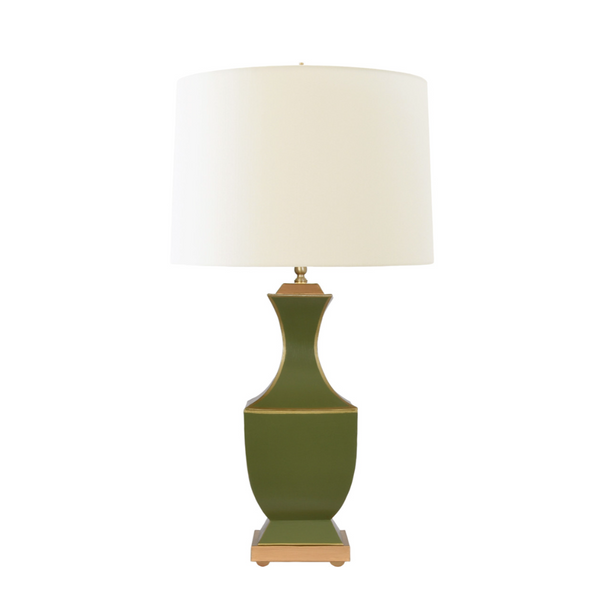 Gina Hand Painted Olive Tole Table Lamp with Gold Detail and Cream Silk Shade
