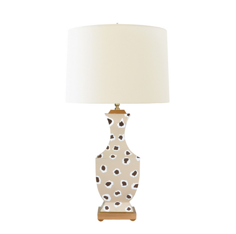 Gina Handpainted Tole Table Lamp in Brown Leopard on Cream Base with Cream Silk Shade and Gold Accents