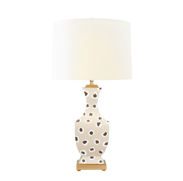 Gina Handpainted Tole Table Lamp in Brown Leopard on Cream Base with Cream Silk Shade and Gold Accents