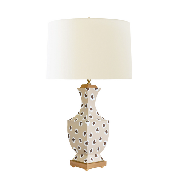 Gina Handpainted Tole Table Lamp in Brown Leopard on Cream Base with Cream Silk Shade and Gold Accents