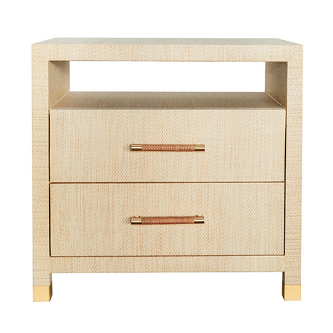 Hancock Natural Grasscloth Two Drawer Side Table with Rattan Wrapped Handles and Brass Accents