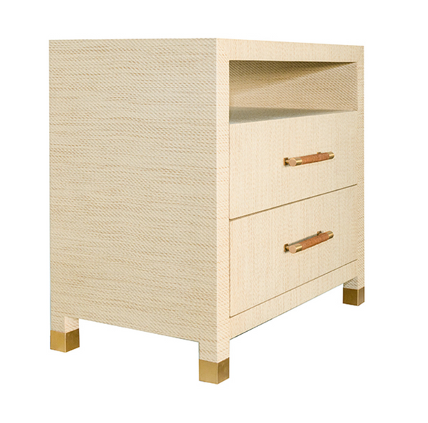 Hancock Natural Grasscloth Two Drawer Side Table with Rattan Wrapped Handles and Brass Accents