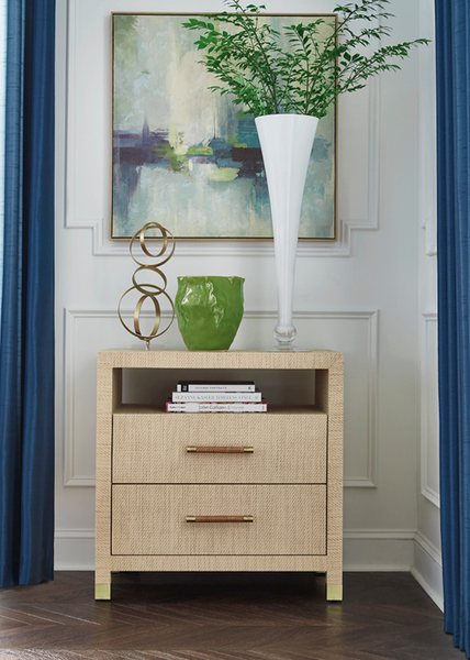 Hancock Natural Grasscloth Two Drawer Side Table with Rattan Wrapped Handles and Brass Accents