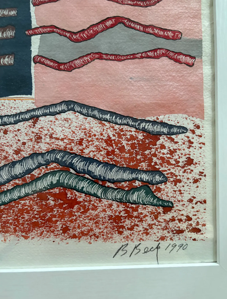 Barbara Beck 1990 Framed Abstract Watercolor Painting on Paper in White Wood Frame