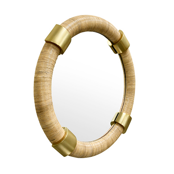 Saylor Round Wrapped Rattan and Brass Wall Mirror