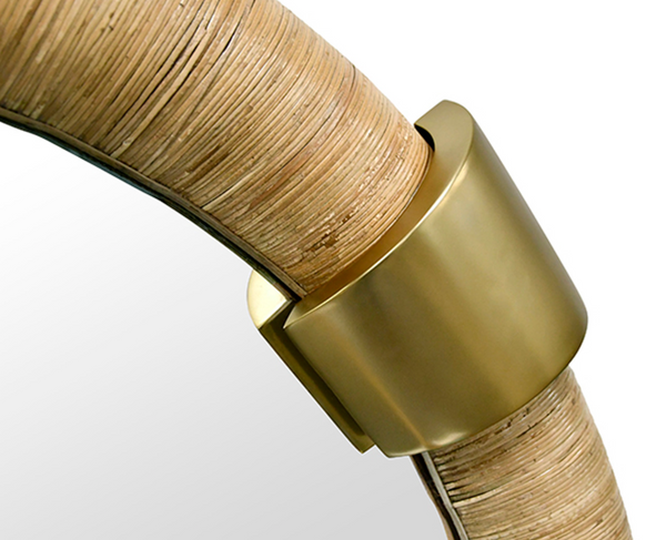 Saylor Round Wrapped Rattan and Brass Wall Mirror