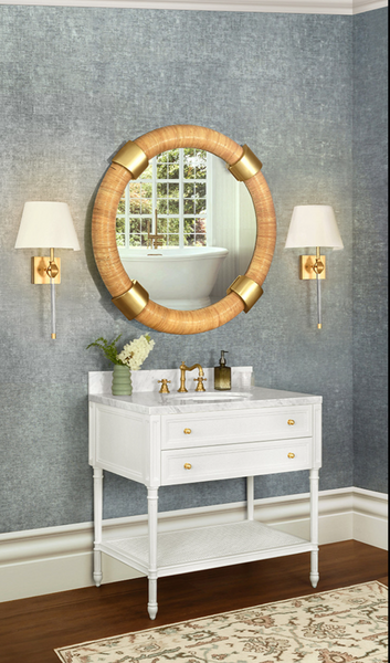 Saylor Round Wrapped Rattan and Brass Wall Mirror