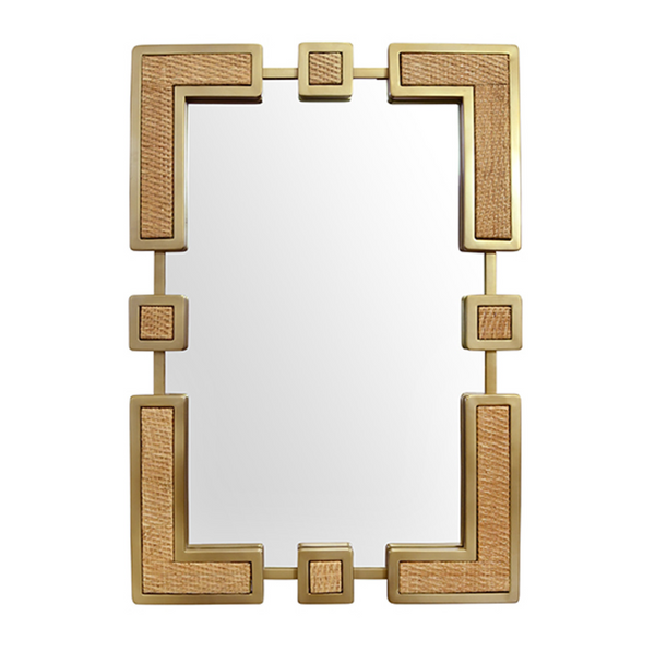 Roro Rectangular Mirror with Curved Brass Sectioned Frame and Inset Woven Rattan