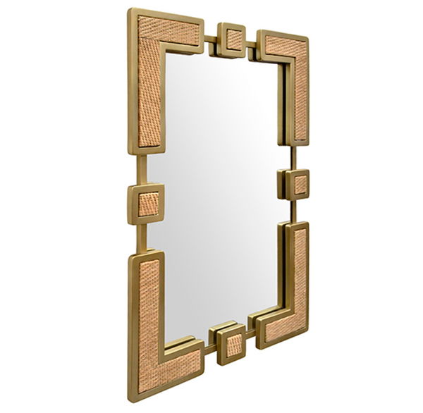 Roro Rectangular Mirror with Curved Brass Sectioned Frame and Inset Woven Rattan