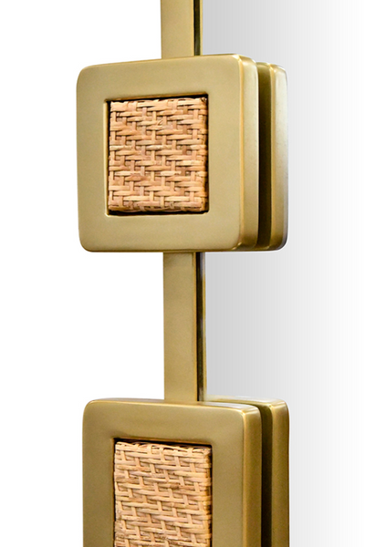 Roro Rectangular Mirror with Curved Brass Sectioned Frame and Inset Woven Rattan