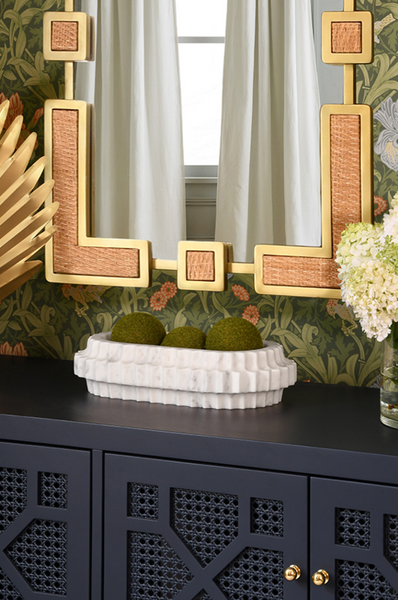 Roro Rectangular Mirror with Curved Brass Sectioned Frame and Inset Woven Rattan