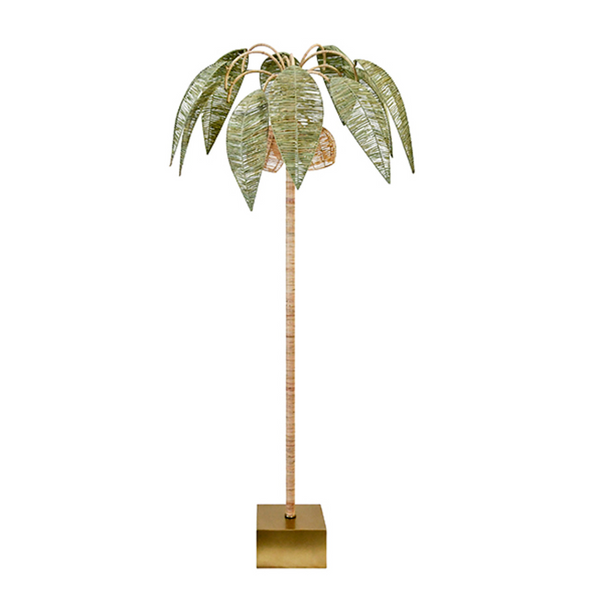 Coco Green and Natural Paper Rafia Floor Lamp with Brass Details