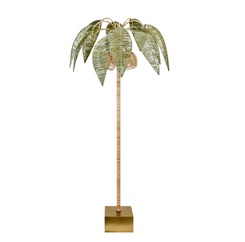 Coco Green and Natural Paper Rafia Floor Lamp with Brass Details