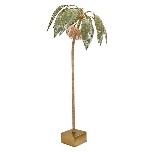 Coco Green and Natural Paper Rafia Floor Lamp with Brass Details
