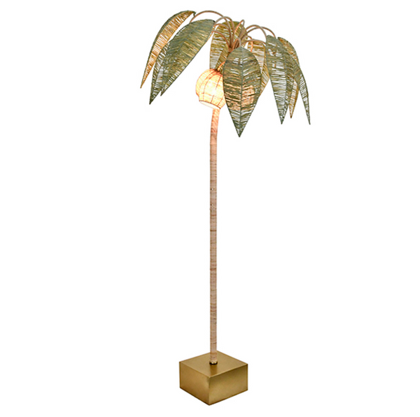 Coco Green and Natural Paper Rafia Floor Lamp with Brass Details