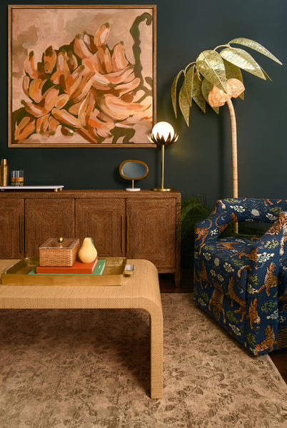 Coco Green and Natural Paper Rafia Floor Lamp with Brass Details