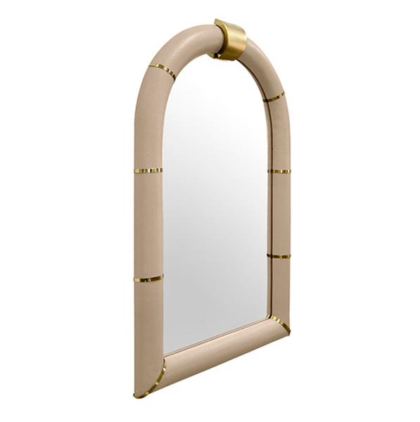 Bowie Arched Faux Ivory Textured Leather Mirror with Antique Brass Details