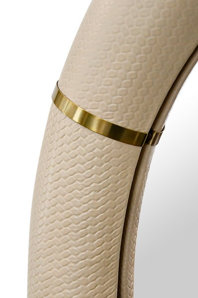 Bowie Arched Faux Ivory Textured Leather Mirror with Antique Brass Details