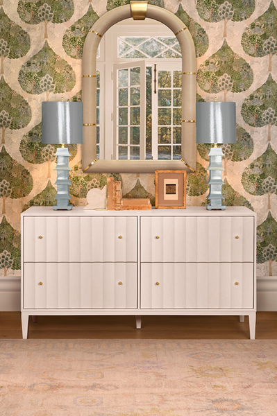 Bowie Arched Faux Ivory Textured Leather Mirror with Antique Brass Details