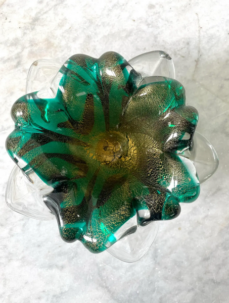 Vintage Barovier Emerald and Gold Murano Glass Bowl