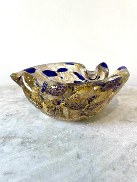 Vintage Barovier Cobalt Blue and Gold Murano Glass Bowl