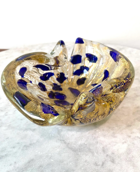 Vintage Barovier Cobalt Blue and Gold Murano Glass Bowl