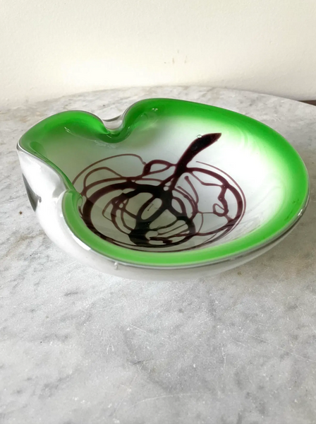 Vintage 1950s Fratelli Toso Green and Brown Murano Glass Bowl