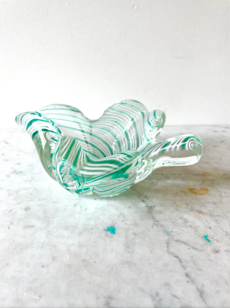 Vintage 1950s Paulo Venini Aquamarine Striped Murano Glass Bowl