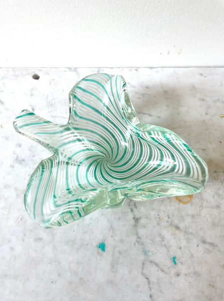 Vintage 1950s Paulo Venini Aquamarine Striped Murano Glass Bowl