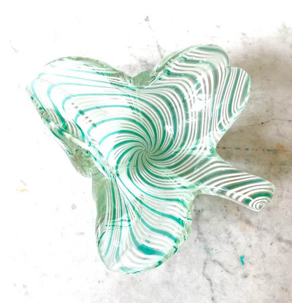 Vintage 1950s Paulo Venini Aquamarine Striped Murano Glass Bowl