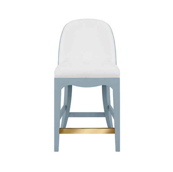 Sadie Light Blue Textured Linen Framed Counter Stool with White Performance Linen Upholstery and Brass