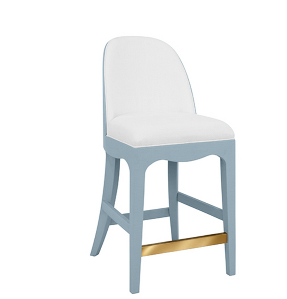 Sadie Light Blue Textured Linen Framed Counter Stool with White Performance Linen Upholstery and Brass