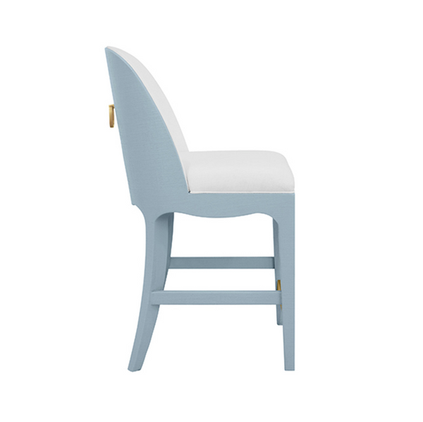 Sadie Light Blue Textured Linen Framed Counter Stool with White Performance Linen Upholstery and Brass