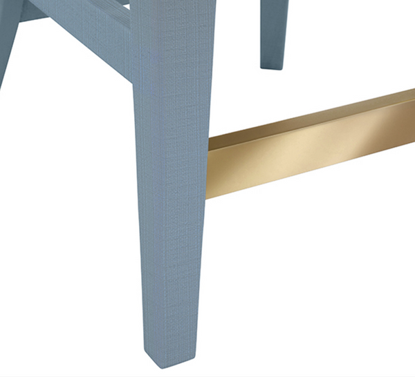 Sadie Light Blue Textured Linen Framed Counter Stool with White Performance Linen Upholstery and Brass